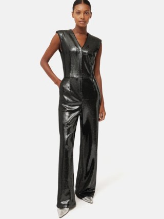 JIGSAW Sequin Jumpsuit in Charcoal – sequinned evening occasion jumpsuits – metallic party fashion – glittering all-in-one p