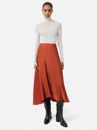 Jigsaw Satin Bias Asymmetric Skirt in Orange | silky fluid fabric midi skirts