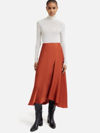 Jigsaw Satin Bias Asymmetric Skirt in Orange | silky fluid fabric midi skirts p - flipped