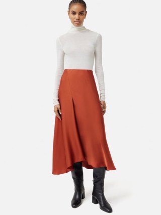 Jigsaw Satin Bias Asymmetric Skirt in Orange | silky fluid fabric midi skirts p