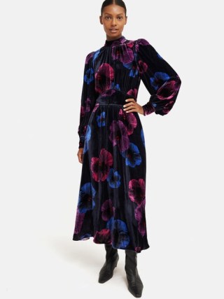 Jigsaw Winter Hibiscus Velvet Dress in Purple | luxury balloon sleeve high neck floral print dresses p - flipped