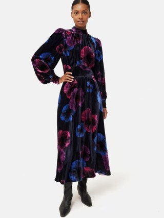 Jigsaw Winter Hibiscus Velvet Dress in Purple | luxury balloon sleeve high neck floral print dresses p