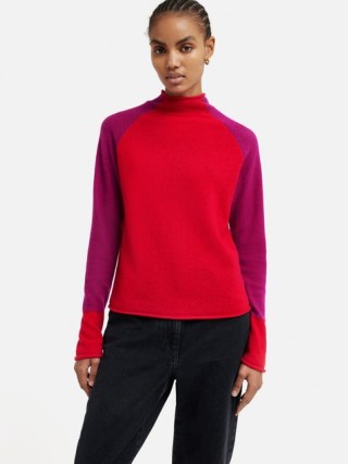 Jigsaw Merino Cashmere Raglan Jumper in Red | women’s luxe colour block jumpers p - flipped