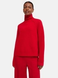 JIGSAW Merino Fishermans Rib Jumper in Red ~ women’s boxy relaxed fit high neck jumpers ~ vibrant knits