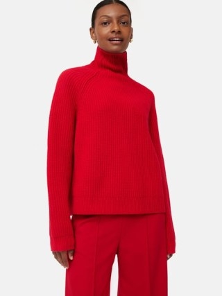 JIGSAW Merino Fishermans Rib Jumper in Red ~ women’s boxy relaxed fit high neck jumpers ~ vibrant knits p - flipped