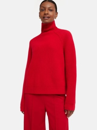 JIGSAW Merino Fishermans Rib Jumper in Red ~ women’s boxy relaxed fit high neck jumpers ~ vibrant knits p