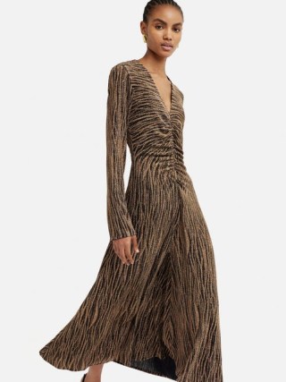 JIGSAW Sparkle Jersey V Neck Dress in Gold – long sleeve metallic fibre occasion dresses – sparkling evening event clothing p - flipped