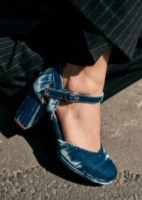 sezane KATIE BABIES in Blue Pleated Velvet – plush ankle strap shoes – vintage inspired block heels – chic retro style footwear