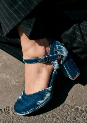 sezane KATIE BABIES in Blue Pleated Velvet – plush ankle strap shoes – vintage inspired block heels – chic retro style footwear p - flipped