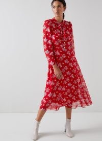 L.K. BENNETT Keira Red Floral Print Silk Dress / floaty long sleeve vintage style midi dresses