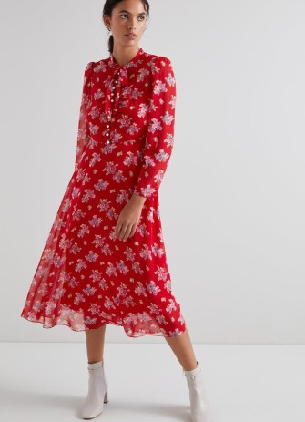 L.K. BENNETT Keira Red Floral Print Silk Dress / floaty long sleeve vintage style midi dresses p - flipped
