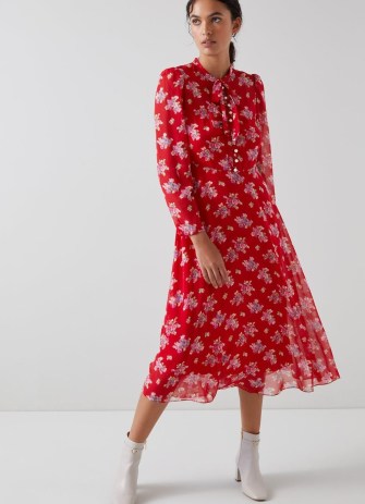 L.K. BENNETT Keira Red Floral Print Silk Dress / floaty long sleeve vintage style midi dresses p