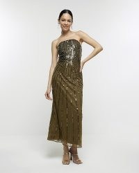 RIVER ISLAND Khaki Sequin Bandeau Midi Dress ~ green strapless sequinned party dresses ~ sparkling occasion fashion