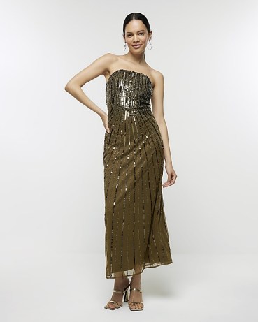 RIVER ISLAND Khaki Sequin Bandeau Midi Dress ~ green strapless sequinned party dresses ~ sparkling occasion fashion p - flipped
