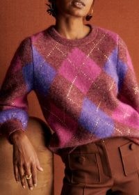 Sézane KIRSTIE JUMPER in Multicoloured Candy | pink checked wool and mohair blend jumpers | women’s sweaters with metallic jacquard details p