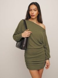Reformation Kyan Knit Dress in Dark Olive ~ green fitted off the shoulder mini dresses ~ ruched detail fashion