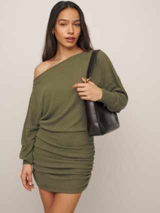 Reformation Kyan Knit Dress in Dark Olive ~ green fitted off the shoulder mini dresses ~ ruched detail fashion p - flipped