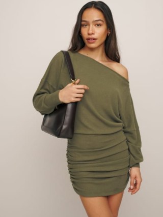 Reformation Kyan Knit Dress in Dark Olive ~ green fitted off the shoulder mini dresses ~ ruched detail fashion p