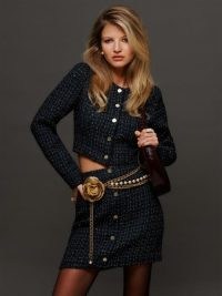 Reformation Lavonna Two Piece in Navy – chic dark blue tweed style clothing set – sustainable cropped jacket and mini skirt fashion sets – clothing co-ords made with deadstock fabrics