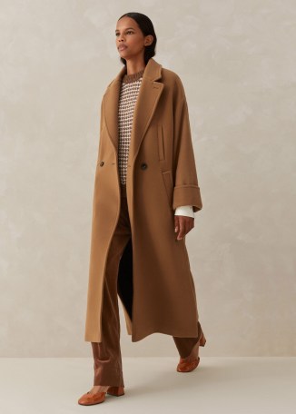 ME and EM Longline Coat in Camel – women’s light brown wool blend winter coats p - flipped