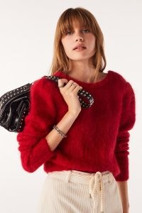 ba&sh turo LONG-SLEEVED JUMPER in Red ~ fluffy plunge back jumpers ~ structured padded shoulder sweater