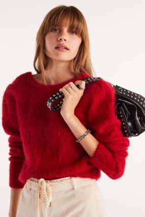 ba&sh turo LONG-SLEEVED JUMPER in Red ~ fluffy plunge back jumpers ~ structured padded shoulder sweater p - flipped
