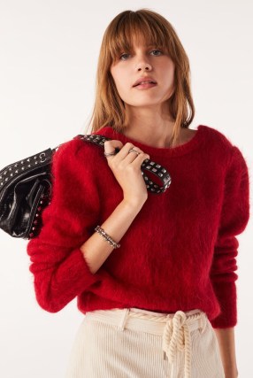 ba&sh turo LONG-SLEEVED JUMPER in Red ~ fluffy plunge back jumpers ~ structured padded shoulder sweater p