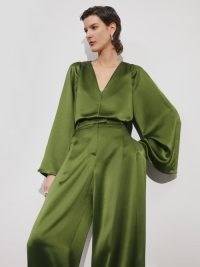 JIGSAW Satin Drape Fluted Sleeve Top in Green / silky smooth occasion tops
