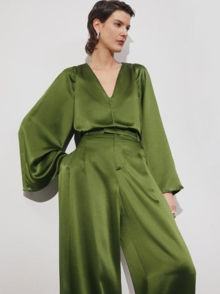 JIGSAW Satin Drape Fluted Sleeve Top in Green / silky smooth occasion tops p - flipped
