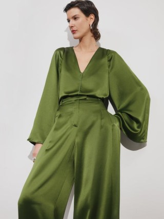 JIGSAW Satin Drape Fluted Sleeve Top in Green / silky smooth occasion tops p