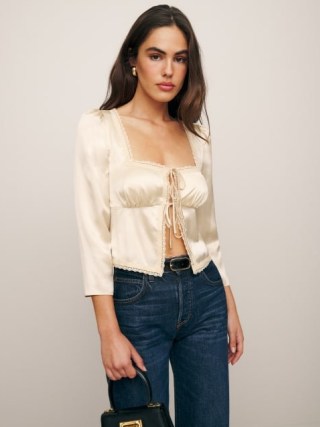 Reformation Lucinda Silk Top in Almond / luxe tie front tops / silky fitted bust blouse / luxury fashion
