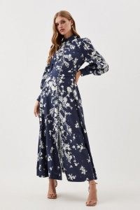 Lydia Millen Petite Floral Embroidered Woven Maxi Dress Indigo – blue balloon sleeve collared occasion dresses p