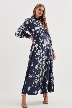 Lydia Millen Petite Floral Embroidered Woven Maxi Dress Indigo – blue balloon sleeve collared occasion dresses p - flipped