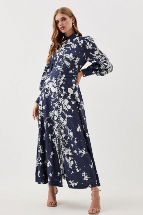 Lydia Millen Petite Floral Embroidered Woven Maxi Dress Indigo – blue balloon sleeve collared occasion dresses p
