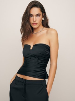 Reformation Madelyn Silk Top in Black | fitted ruched bustier style tops | sweetheart neckline evening fashion p - flipped