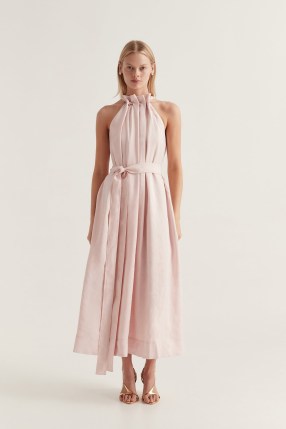 Aje Mariel Trapeze Midi Dress in Soft Pink – sleeveless high neck occasion dresses – belted tie waist – pleated neckline - flipped