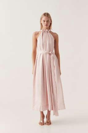 Aje Mariel Trapeze Midi Dress in Soft Pink – sleeveless high neck occasion dresses – belted tie waist – pleated neckline