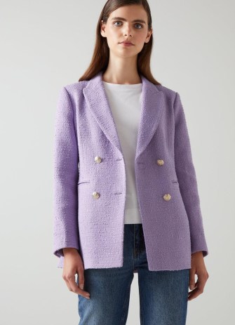 L.K. BENNETT Mariner Lilac Italian Tweed Double-Breasted Jacket ~ women’s textured lavender jackets p