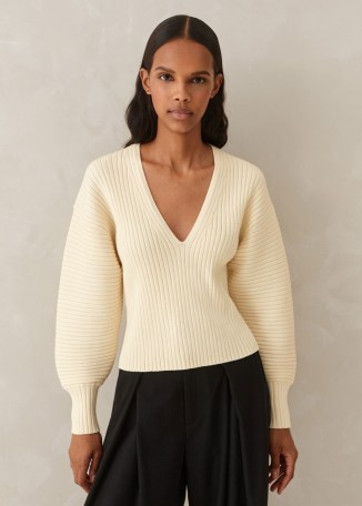 me and em Merino Rib V-Neck Crop Evening Jumper in Cream – balloon sleeve jumpers - flipped