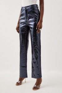 Karen Millen Metallic Faux Leather Tailored Straight Leg Trouser Blue – women’s high shine evening occasion trousers