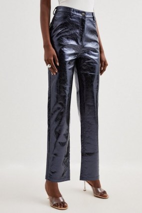 Karen Millen Metallic Faux Leather Tailored Straight Leg Trouser Blue – women’s high shine evening occasion trousers p - flipped
