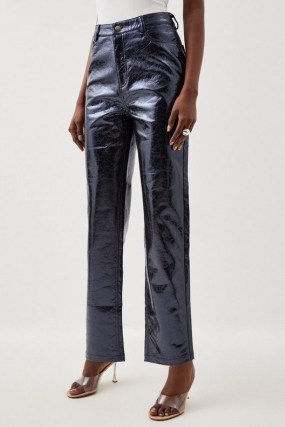 Karen Millen Metallic Faux Leather Tailored Straight Leg Trouser Blue – women’s high shine evening occasion trousers p