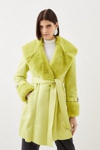 Karen Millen Mock Shearling Collar & Cuff Belted Short Coat in Lime – faux fur citrus coloured coats