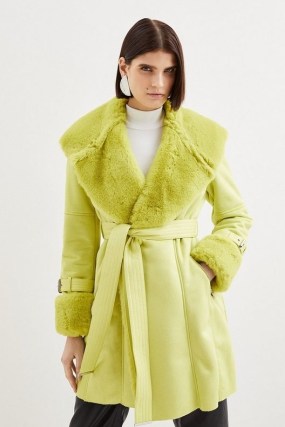 Karen Millen Mock Shearling Collar & Cuff Belted Short Coat in Lime – faux fur citrus coloured coats p - flipped