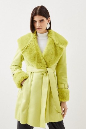 Karen Millen Mock Shearling Collar & Cuff Belted Short Coat in Lime – faux fur citrus coloured coats p