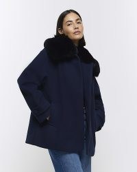 RIVER ISLAND Navy Faux Fur Collar Swing Coat ~ women’s chic short length winter coats ~ women’s dark blue fluffy collared jackets