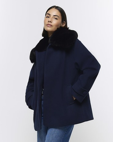 RIVER ISLAND Navy Faux Fur Collar Swing Coat ~ women’s chic short length winter coats ~ women’s dark blue fluffy collared jackets p - flipped