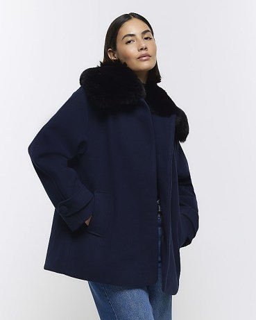 RIVER ISLAND Navy Faux Fur Collar Swing Coat ~ women’s chic short length winter coats ~ women’s dark blue fluffy collared jackets p