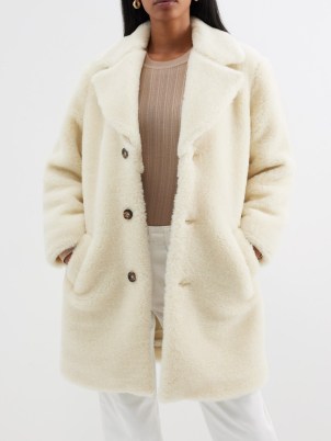 A.P.C. Nicolette faux shearling coat in cream – luxe textured teddy style coats – luxury winter outerwear - flipped