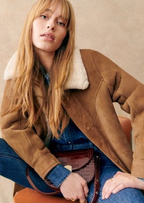 Sezane NICO COAT in Caramel Ecru ~ women’s luxe brown leather coats ~ womens luxury winter contrast collar jackets p - flipped